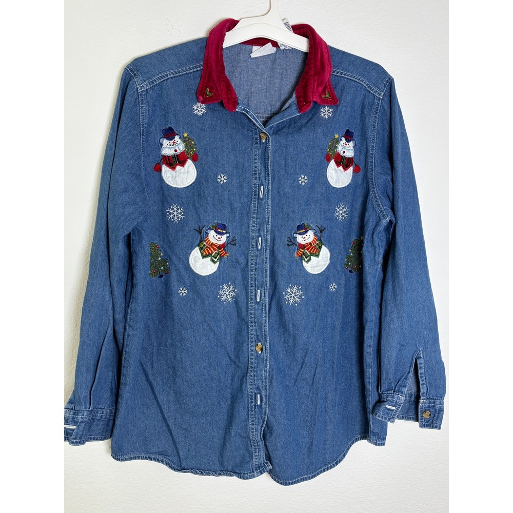 Bobbie Brooks Snowman Embroidered Denim Shirt Red Corduroy Collar Womens Large
